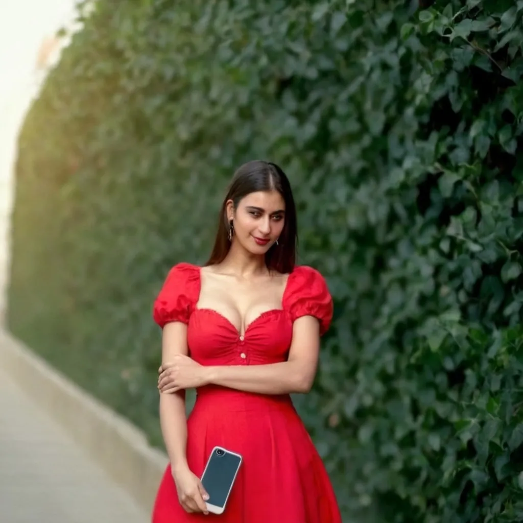 Prompt: A tall good looking young woman posing to click a photo with her iPhone and showing her cleavage in a very good sophisticated manner, realistic, 4k, Instagram ready, well dressed