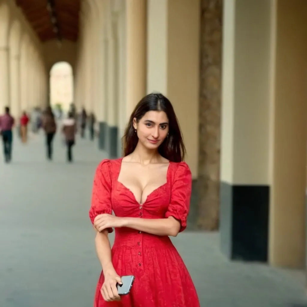 Prompt: A tall good looking young woman posing to click a photo with her iPhone and showing her cleavage in a very good sophisticated manner, realistic, 4k, Instagram ready, well dressed