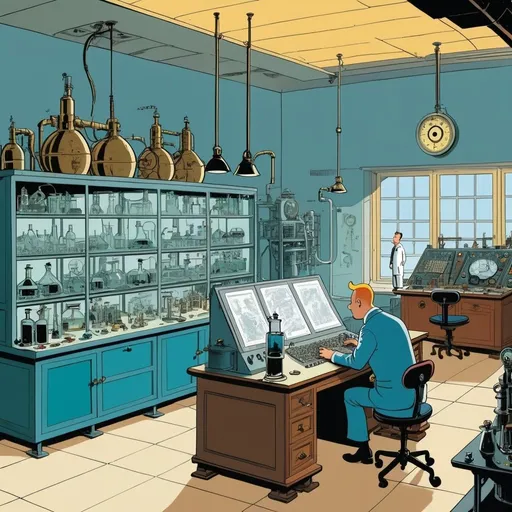 Prompt: A secret science lab where mysterious new inventions are created, in the style of Tintin by Hergé. 