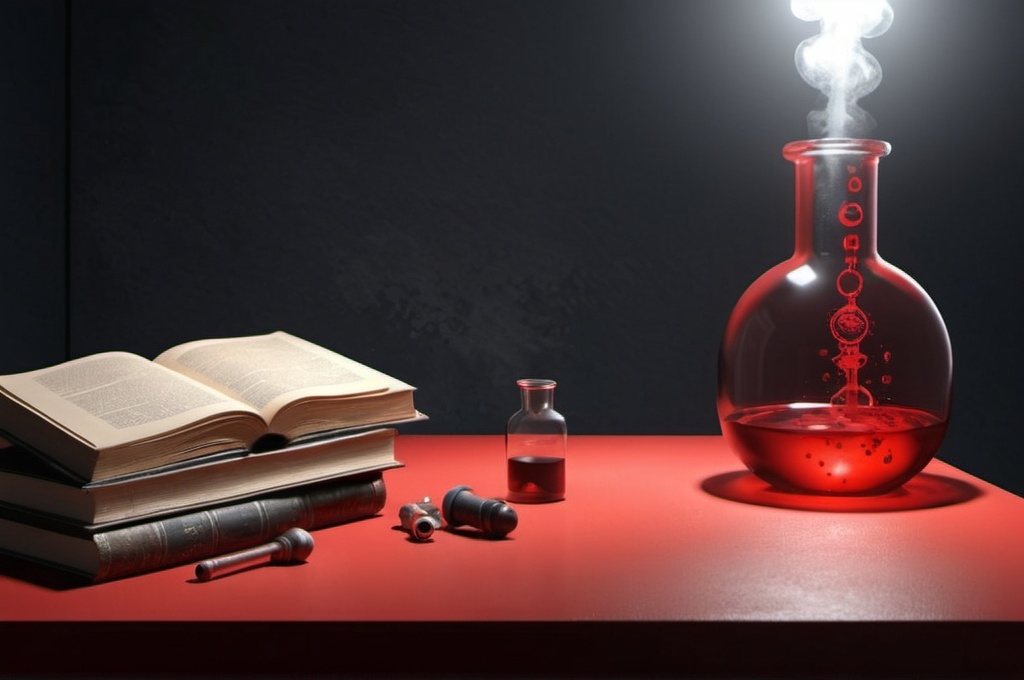 Prompt: I want a table under a focused spotlight, casting shadows around the edges for a mysterious effect and place a Chemist Scientist behind the table, highlighted in red for emphasis. On the table, arrange alchemist-related items, such as flasks, a mortar and pestle, mystical symbols, and an ancient-looking book. (Keep it minimal), 3D render