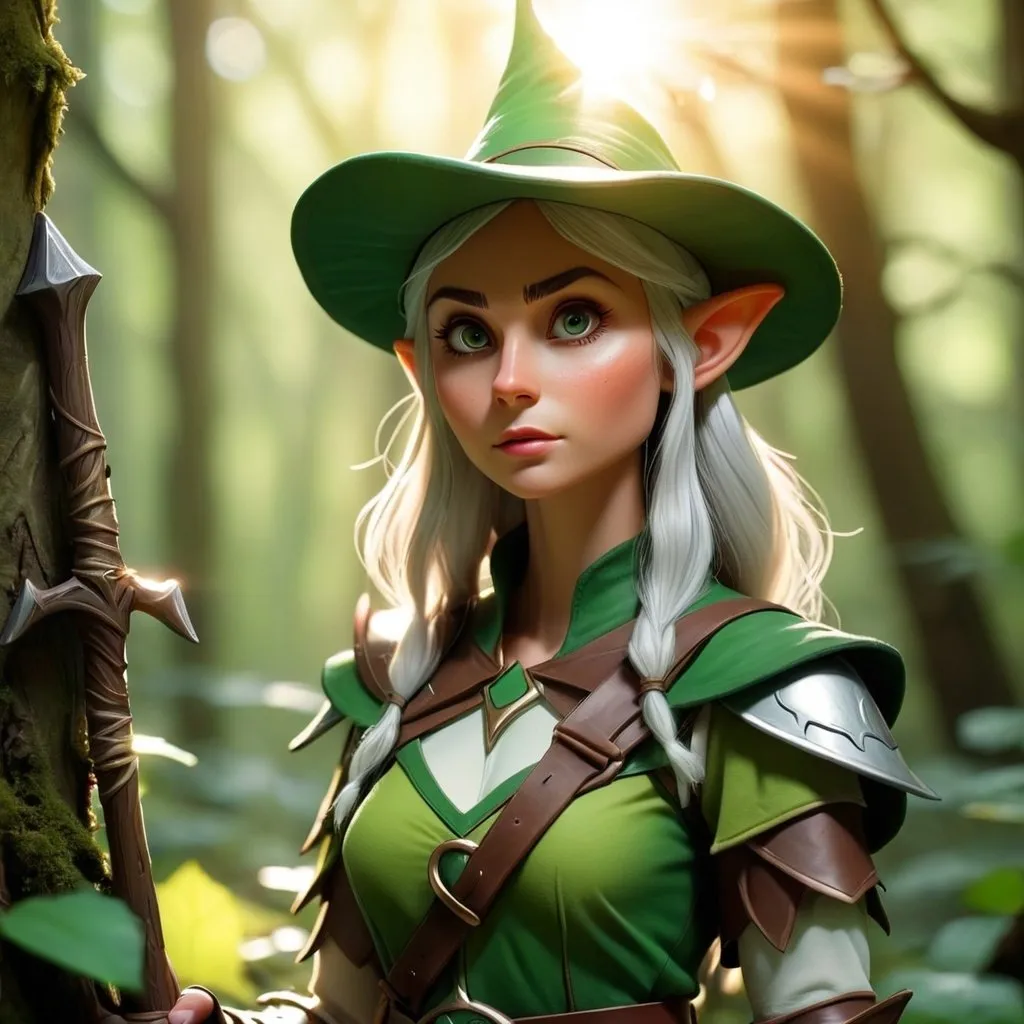 Prompt: Elf ranger in a mystical forest around sunlight