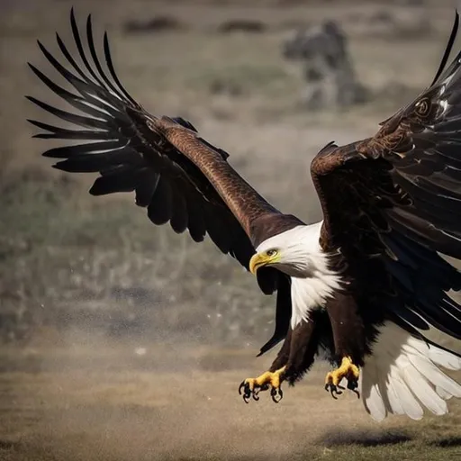 Prompt: Cctreate picture of a flying eagle who is attacking his prey.