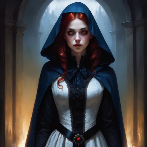 Prompt: Red-haired girl with vampire eyes, vibrant dark blue cape with a hood, nurse, 1800s fantasy, oil painting, detailed eyes, atmospheric lighting, professional, highres, fantasy, gothic, intense gaze, intricate costume, historical, dramatic lighting