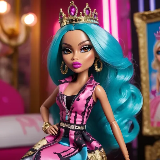 Prompt: In the dazzling kingdom of Bratz, a new queen emerges, ruling with unparalleled style and fierce confidence. Picture a scene where the Bratz Queen sits on her glittering throne, surrounded by a lavish palace adorned with oversized accessories, neon lights, and graffiti art. Her fashion sense is a fusion of high couture and street chic – think bold patterns, oversized sunglasses, and statement jewelry.

The Bratz Queen's makeup is a work of art, featuring vibrant eyeshadows and bold lip colors. Her hair, a masterpiece of creativity, is styled in a way that defies gravity. The atmosphere is electric, with neon lights casting a vibrant glow, and music resonating with the rhythm of the city.

The Queen's courtiers, fellow Bratz dolls, are equally stylish and exude confidence. Together, they celebrate the power of self-expression and individuality. As the Bratz Queen commands attention with her fashionable flair, she symbolizes the essence of the Bratz brand – embracing uniqueness, celebrating diversity, and reigning supreme in the world of fashion and glamour.

Capture this regal moment with your lens, focusing on the bold colors, dynamic poses, and the overall fierce attitude that defines the Bratz Queen and her kingdom. Let the image speak volumes about the Bratz legacy – where every girl can be a queen in her own right.