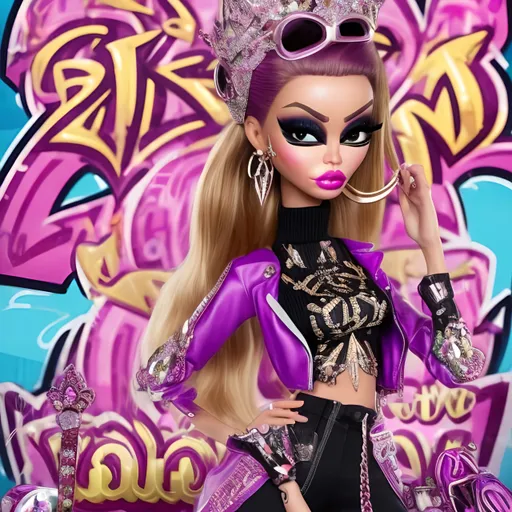 Prompt: In the dazzling kingdom of Bratz, a new queen emerges, ruling with unparalleled style and fierce confidence. Picture a scene where the Bratz Queen sits on her glittering throne, surrounded by a lavish palace adorned with oversized accessories, neon lights, and graffiti art. Her fashion sense is a fusion of high couture and street chic – think bold patterns, oversized sunglasses, and statement jewelry.

The Bratz Queen's makeup is a work of art, featuring vibrant eyeshadows and bold lip colors. Her hair, a masterpiece of creativity, is styled in a way that defies gravity. The atmosphere is electric, with neon lights casting a vibrant glow, and music resonating with the rhythm of the city.

The Queen's courtiers, fellow Bratz dolls, are equally stylish and exude confidence. Together, they celebrate the power of self-expression and individuality. As the Bratz Queen commands attention with her fashionable flair, she symbolizes the essence of the Bratz brand – embracing uniqueness, celebrating diversity, and reigning supreme in the world of fashion and glamour.

Capture this regal moment with your lens, focusing on the bold colors, dynamic poses, and the overall fierce attitude that defines the Bratz Queen and her kingdom. Let the image speak volumes about the Bratz legacy – where every girl can be a queen in her own right.
