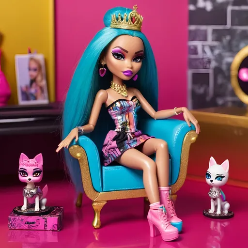 Prompt: In the dazzling kingdom of Bratz, a new queen emerges, ruling with unparalleled style and fierce confidence. Picture a scene where the Bratz Queen sits on her glittering throne, surrounded by a lavish palace adorned with oversized accessories, neon lights, and graffiti art. Her fashion sense is a fusion of high couture and street chic – think bold patterns, oversized sunglasses, and statement jewelry.

The Bratz Queen's makeup is a work of art, featuring vibrant eyeshadows and bold lip colors. Her hair, a masterpiece of creativity, is styled in a way that defies gravity. The atmosphere is electric, with neon lights casting a vibrant glow, and music resonating with the rhythm of the city.

The Queen's courtiers, fellow Bratz dolls, are equally stylish and exude confidence. Together, they celebrate the power of self-expression and individuality. As the Bratz Queen commands attention with her fashionable flair, she symbolizes the essence of the Bratz brand – embracing uniqueness, celebrating diversity, and reigning supreme in the world of fashion and glamour.

Capture this regal moment with your lens, focusing on the bold colors, dynamic poses, and the overall fierce attitude that defines the Bratz Queen and her kingdom. Let the image speak volumes about the Bratz legacy – where every girl can be a queen in her own right.