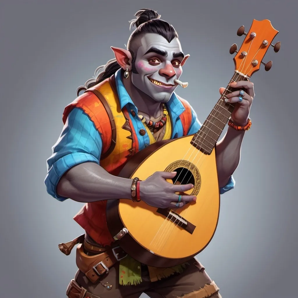 Prompt: A big Half Orc with a gray skin tone .He is a Bard and carries a Lute with him. He wears funky colorful Shirts 