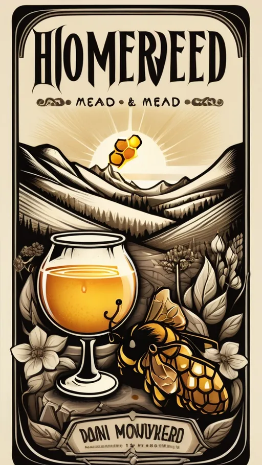 Prompt: a mead label with a glass of mead and a realistic hexagonal honey comb leaking honey on the right, and a mountain in the background, with a sun and clouds, Dan Mumford, art nouveau, poster, poster art