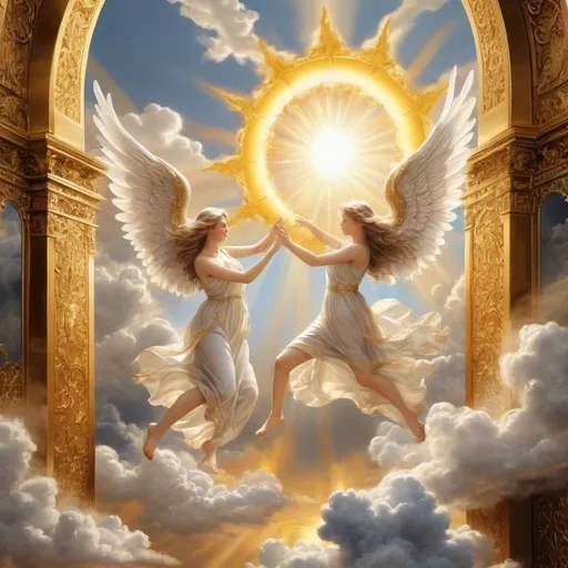 Prompt: The angels are dancing ultra realistic ultra detailed, in the background is the heaven among the clouds and the huge golden gates the sun shining slightly trough the clouds the picture is so smooth and detailed 
