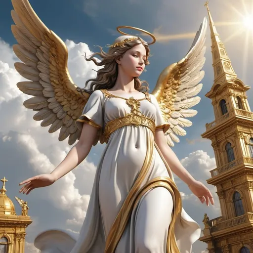 Prompt: Very beautiful and stunning angel, in the background the heaven and golden structures and other angels playing. Ultra detailed, ultra realistic, ultra resulation 