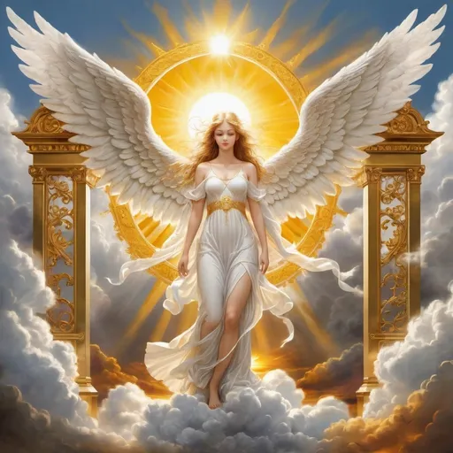 Prompt: An angel ultra realistic ultra detailed in the background is the heaven among the clouds and the huge golden gates the sun shining slightly trough the clouds the picture is so smooth and detailed 