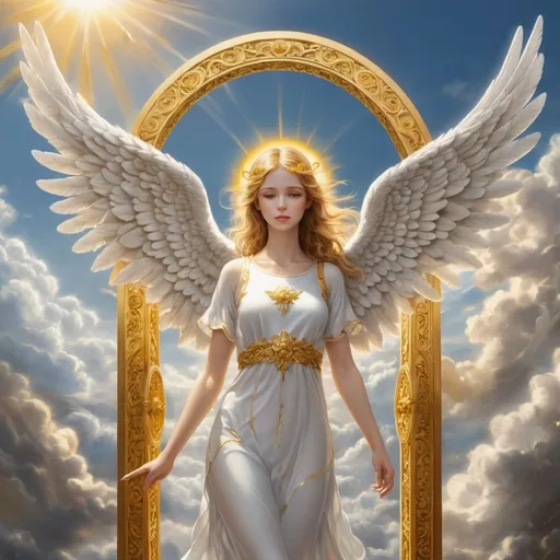 Prompt: An angel ultra realistic ultra detailed in the background is the heaven among the clouds and the huge golden gates the sun shining slightly trough the clouds the picture is so smooth and detailed 