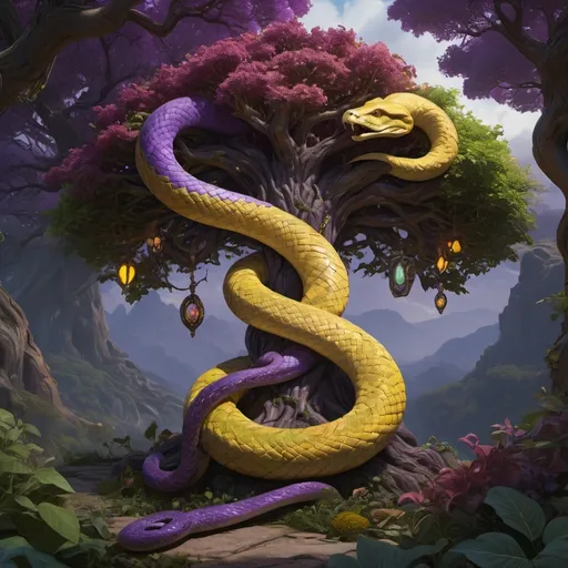 Prompt: The serpent from the Garden of Eden coiled around the Tree of life, painting a masterpiece, 8k resolution, dark fantasy concept art, by Greg Rutkowski, dynamic lighting, hyperdetailed, intricately detailed, Splash screen art, trending on Artstation, deep color, Unreal Engine, volumetric lighting, Alphonse Mucha, Jordan Grimmer, purple and yellow complementary colours