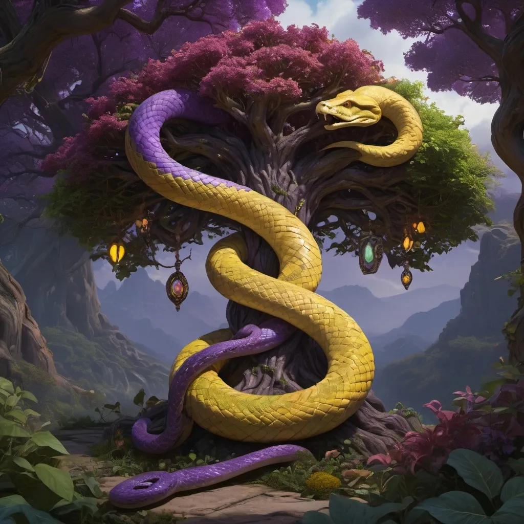 Prompt: The serpent from the Garden of Eden coiled around the Tree of life, painting a masterpiece, 8k resolution, dark fantasy concept art, by Greg Rutkowski, dynamic lighting, hyperdetailed, intricately detailed, Splash screen art, trending on Artstation, deep color, Unreal Engine, volumetric lighting, Alphonse Mucha, Jordan Grimmer, purple and yellow complementary colours