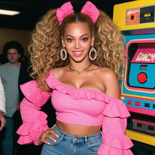 Prompt: Beyonce in 80s fashion, wearing a vibrant neon pink off-shoulder top with exaggerated ruffles, high-waisted acid-washed jeans and chunky white sneakers. Her hair is styled in voluminous curls with colorful scrunchies, and she's accessorized with oversized hoop earrings, a stack of jelly bracelets, and a cassette tape-shaped purse. The background features retro arcade machines and graffiti art in bold, electric colors."