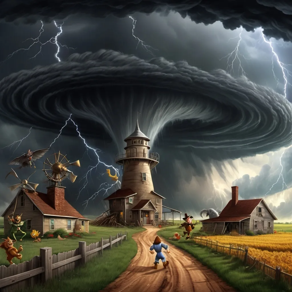 Prompt:  realistic, view from above Looney Toons style, rendered portrait,Dorothy, Tin Man, Cowardly Lion, and Scarecrow characters from Wizard of Oz) all are flailing flying around inside the top of a tornado cyclone, dark rotating storm clouds lightning,  Kansas farm setting, hi res, detailed features, 