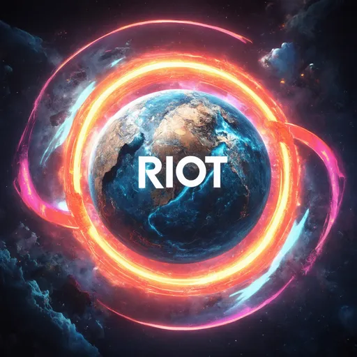 Prompt: a cyberpunk planet with rings around it that say riot