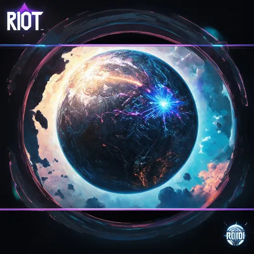 Prompt: a cyberpunk planet with rings around it that say riot