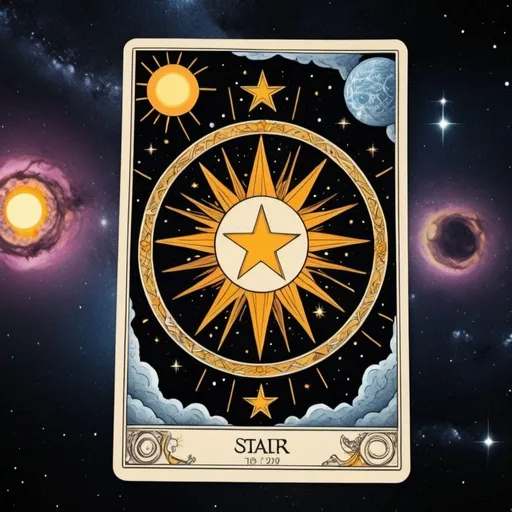 Prompt: ocultist style tarot card The Star circling around the sun in the milky way 