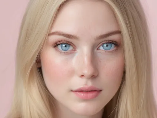 Prompt: A stunning, ultra-realistic portrait of a beautiful young woman with soft, delicate features. Fair porcelain skin with natural rosy blush and light freckles across the nose and cheeks. Large light blue eyes with long, thick eyelashes and subtle glossy eye makeup. Soft pink glossy lips, smooth flawless skin texture, and a gentle innocent expression. Long straight blonde hair, silky and natural, framing her face. Minimal makeup, clean beauty aesthetic, soft lighting, shallow depth of field, high detail, cinematic realism, natural shadows, DSLR photo quality, 4K, hyper-realistic, elegant, feminine, dreamy atmosphere. White background 