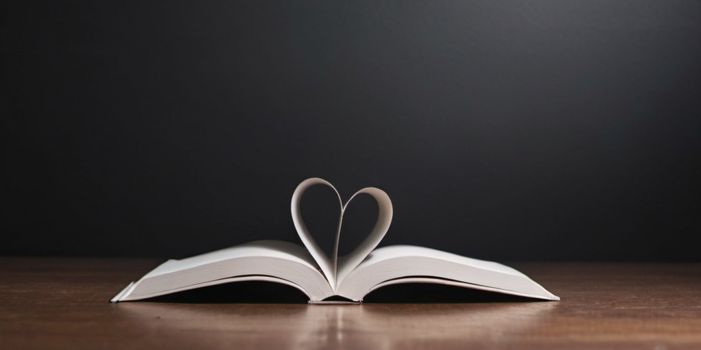 Prompt: An open book with blank pages on a table with the center pages forming ia heart and keeping the upper part of the image blank.  background is  #083c6e