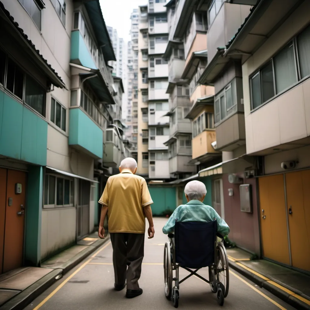 Prompt: Depicting aging in Hong Kong society in low quality elderly home with bad living standard