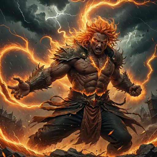 Prompt: Epic fantasy battle scene, dark ominous stormy sky contrasting with fiery orange flames, dramatic lightning illuminating vivid outlines of fierce combatants, high stakes tension in the atmosphere, swirling winds adding dynamism, dynamic textures blending fire and storm elements, HD ultra-detailed, capturing the moment of fate's decision, mythological storytelling vibrantly depicted, cinematic quality.