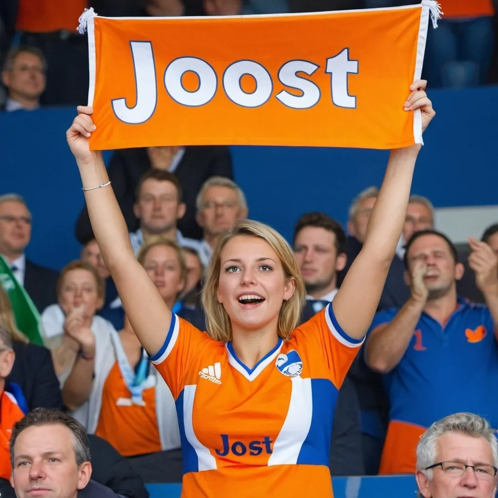 Prompt: An attractive female Dutch hockey fan in a sold out stadium holding a banner with the text 'JOOST!'