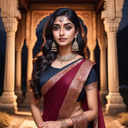 Prompt: Beautiful indian woman posing, straight photoshoot pose, full body portrait, moonlit night, night time, winter, walking on forest path, detailed face, cute, big eyes, iconic, photorealistic, mountain temple, detailed background,thin saree, long wavy hair, cleavage, symmetric face, masterpiece, 8k, ultra realistic