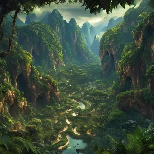 Prompt: the lost valley, rock arcs, lush vegetation, exotic forrest and plants, landscape, alex ross, eddie mendoza, raphael lacoste, sebastian ludke, concept art, matte painting, highly detailed, rule of thirds, dynamic lighting, cinematic, detailed, magnificiant landscape, denoised, centerd