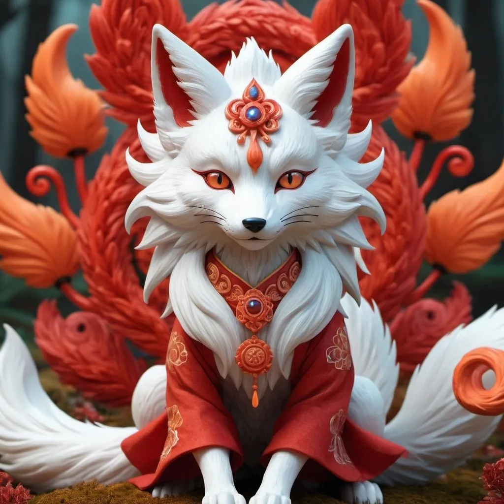 Prompt: a red fantasy kitsune with nine tails adorned with colorful elements, in red candyland, realistic yet ethernal, playful use of light and shadow, intricate costumes, backlit, warm tones, night-sky, hyperrealistic eyes, moss, red, orange, cream, coral, bonewhite, dynamic, intricate, elegant, highly detailed, centered, artstation, smooth, sharp focus, 128K UHD octane render --chaos 50 --ar 9:16 --v 6.0 --stylize 250 --iw 2** - Upscaled (Subtle)