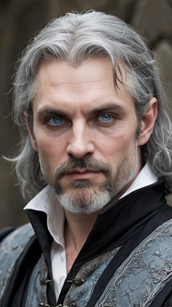 Prompt: Pale blue skin, grey eyes, vampire man, gray long hair, grey full short beard, handsome 40 year old, a little overweight, medieval, 