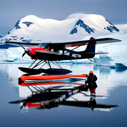 Prompt: Float plane with Arctic Star in the background and a malamute
 
