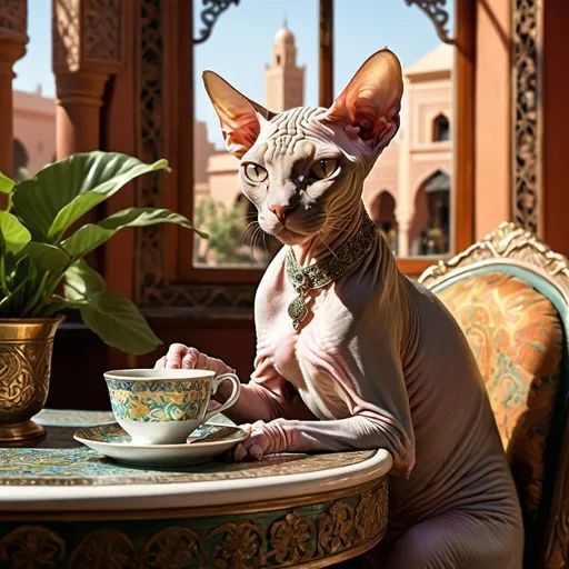 Prompt: (Realistic depiction) posh English sphynx cat, elegantly perched at a table, sipping a delicate cup of tea, vibrant Marrakech café atmosphere, eye-catching exotic décor, warm sunlight filtering through ornate windows, lively cultural ambiance, intricate patterns, lush greenery in background, ultra-detailed, high quality, sophisticated and inviting mood.