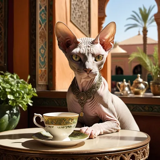 Prompt: (Realistic depiction) posh English sphynx cat, elegantly perched at a table, sipping a delicate cup of tea, vibrant Marrakech café atmosphere, eye-catching exotic décor, warm sunlight filtering through ornate windows, lively cultural ambiance, intricate patterns, lush greenery in background, ultra-detailed, high quality, sophisticated and inviting mood.