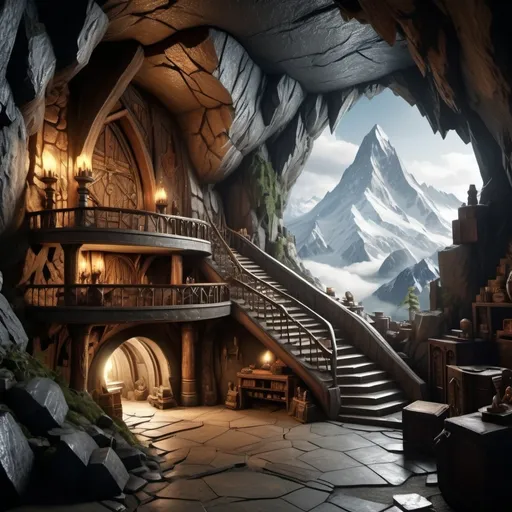 Prompt: Create an image of a dwarven mountain home like Erebor or Kazam-dum, 4k, high details, DWARFS,inside a cave