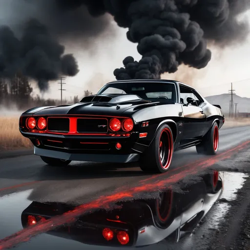 Prompt: une voiture noire brillante un style muscle car avec un énorme moteur des feux avant rouge et de la fumée noir qui en ressort les fenêtre sont d une teinte miroir la route et le décor sont post apocalyptique 