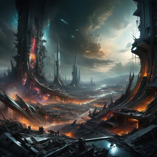 Prompt: Futuristic landscape divided by (past and present), (war and peace), (color and darkness), a striking scene of devastation infused with (magnificence), vibrant hues slowly emerging from (chaos), symbolizing (rebirth) and (victory over anger), a stunning depiction of time progression, with (dramatic lighting) and (ethereal ambiance), showcasing a rich, detailed vista that captures both (beauty) and (despair), (4K), ultra-detailed.