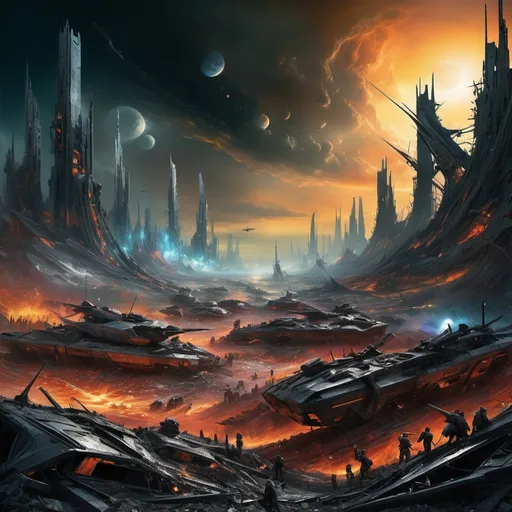 Prompt: Futuristic landscape divided by (past and present), (war and peace), (color and darkness), a striking scene of devastation infused with (magnificence), vibrant hues slowly emerging from (chaos), symbolizing (rebirth) and (victory over anger), a stunning depiction of time progression, with (dramatic lighting) and (ethereal ambiance), showcasing a rich, detailed vista that captures both (beauty) and (despair), (4K), ultra-detailed.