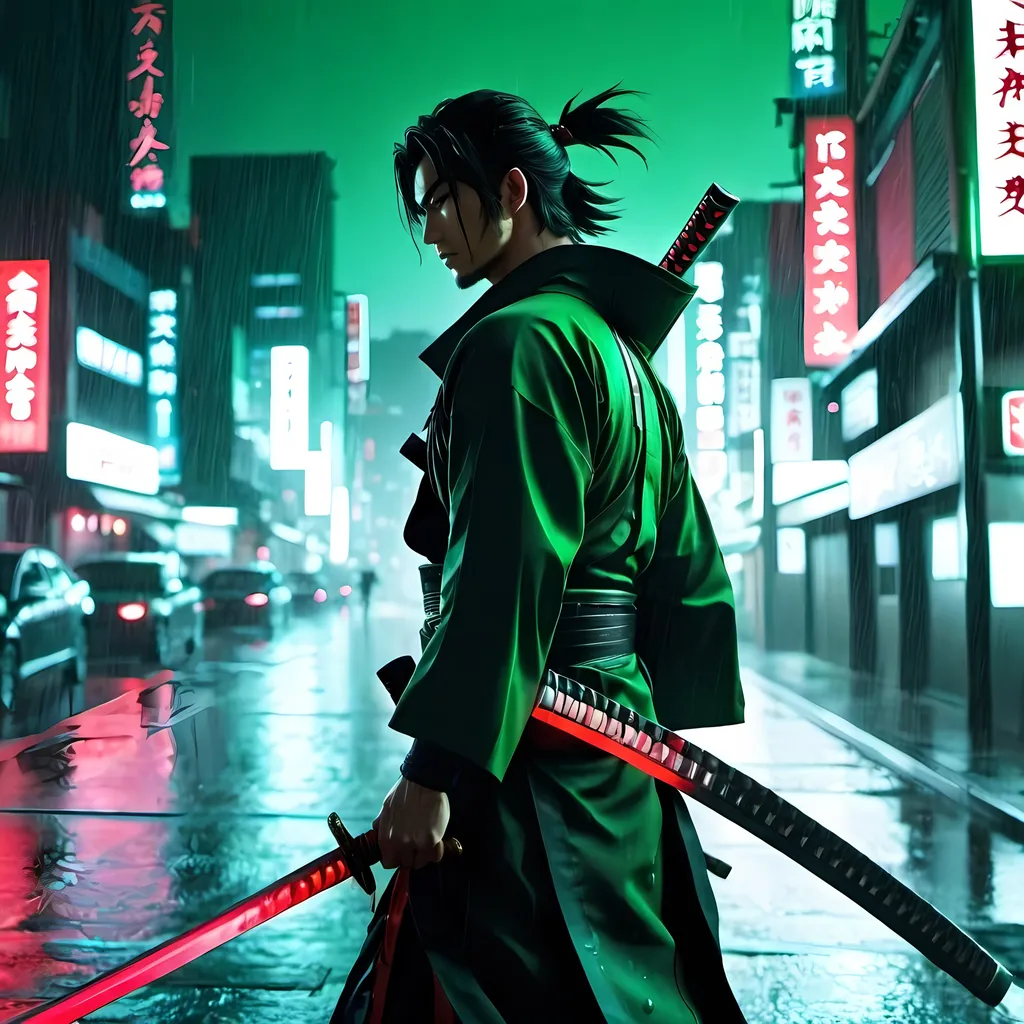 Prompt: Neon, Anime Samurai, green, male, katana, blood, cityscape, rain, night