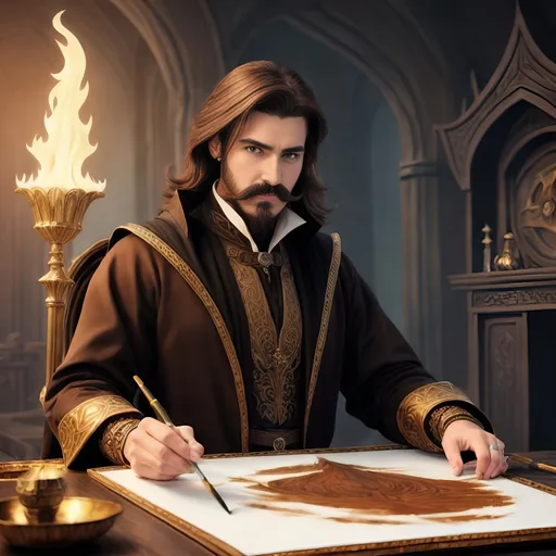 Prompt: male warlock with brown hair and a long mustache, creating a painting, high fantasy style