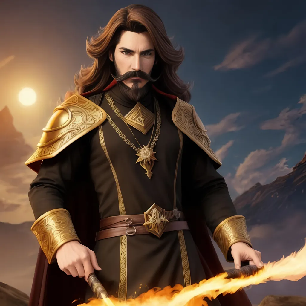 Prompt: male warlock with brown hair and a long mustache, high fantasy style