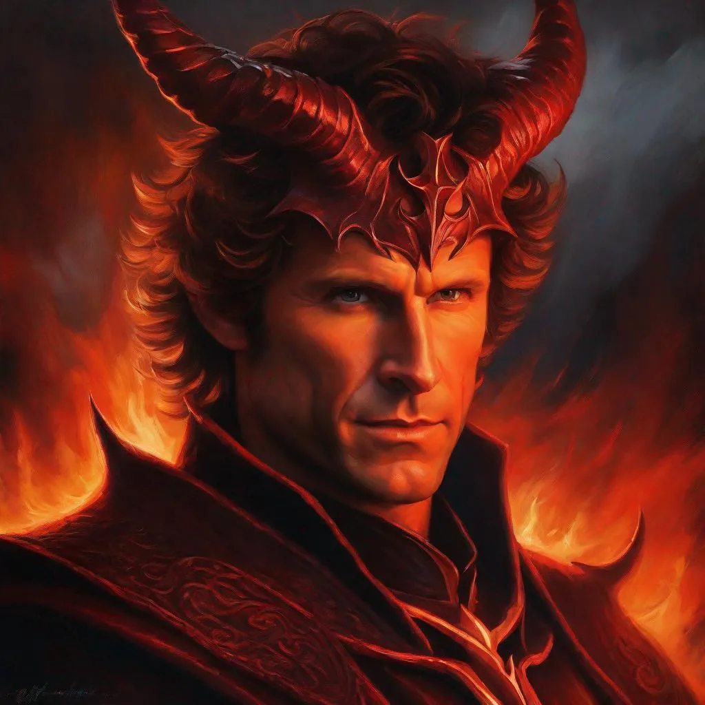 Prompt: Professional oil painting of Todd Howard as a devil, epic digital art, best quality, detailed facial features, imposing horns, infernal atmosphere, intense expression, dark and fiery color tones, dramatic lighting, sinister aura, realistic oil painting, masterpiece, highres, ultra-detailed, devil, inferno, intense gaze, professional, atmospheric lighting