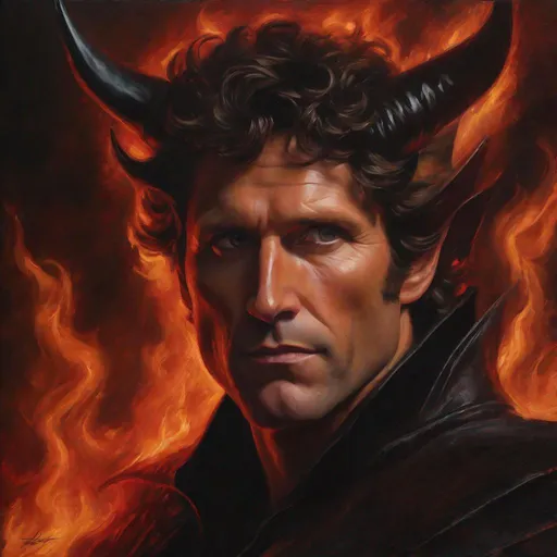 Prompt: Professional oil painting of Todd Howard as a devil, epic digital art, best quality, detailed facial features, imposing horns, infernal atmosphere, intense expression, dark and fiery color tones, dramatic lighting, sinister aura, realistic oil painting, masterpiece, highres, ultra-detailed, devil, inferno, intense gaze, professional, atmospheric lighting