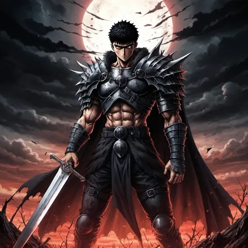 Prompt: Imagen en estilo dark fantasy inspirado en el anime de Berserk. Muestra a Guts con su gran espada en un entorno oscuro y desolado, con una atm�sfera sombr�a y �pica. Incluye detalles realistas, como armaduras desgastadas y un fondo g�tico con criaturas siniestras y ruinas. Aseg�rate de capturar la intensidad emocional y la crudeza caracter�stica del anime.