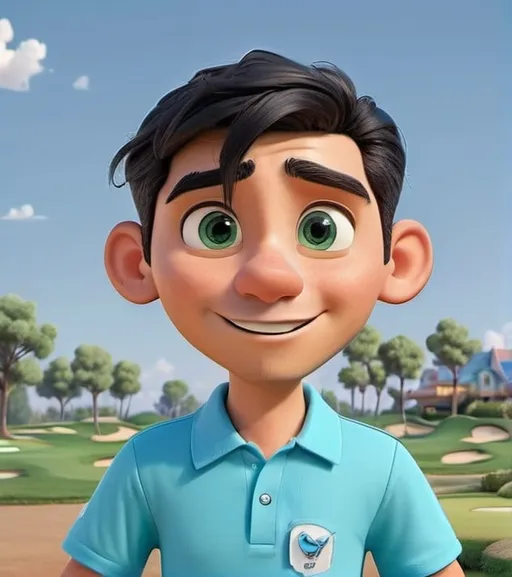 Prompt: Coach Sergio, a golf teacher, with green eyes and black hair, 35 years old, wearing a blue Polo shirt with the collar up, a white belt, and dark blue pants, very cheerful and friendly. Style Disney Pixar 3d
