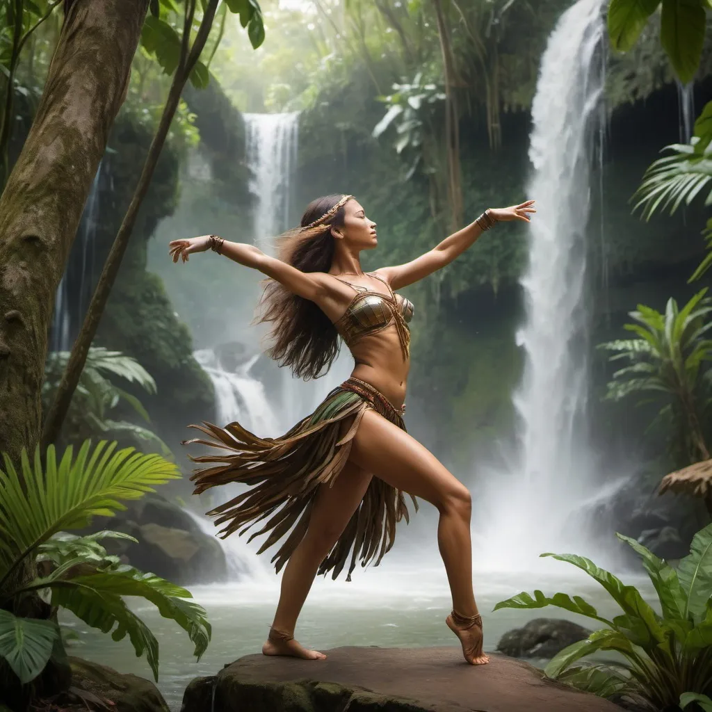 Prompt: create a moving scene of beautiful Amazon young women dancing tender but warrior in a beautiful tropical wood with waterfall and breezes