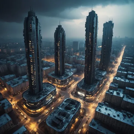 Prompt: create a futuristic photoshot of Pechersk, district of Kyiv sity. there is a view on parus business centre (please check views on google maps to make location more realistic).
make the view in style of Bladerunner movie