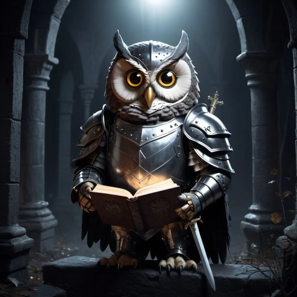 Prompt: At night  in spooky dark environment
an Owl in knights armor and holding a book and a sword