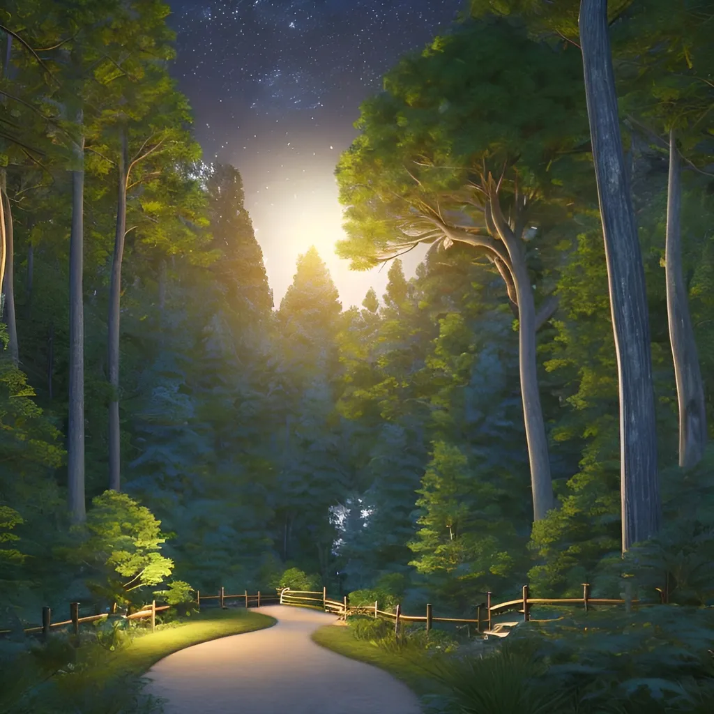 Prompt: Calming forest scene, tall trees, winding path, highres starry night sky with crescent moon, peaceful atmosphere, detailed foliage, serene setting, tranquil, realistic, natural colors, peaceful lighting, forest, tall trees, winding path, starry night, crescent moon, peaceful atmosphere, detailed foliage, highres, realistic, natural colors, tranquil, serene setting